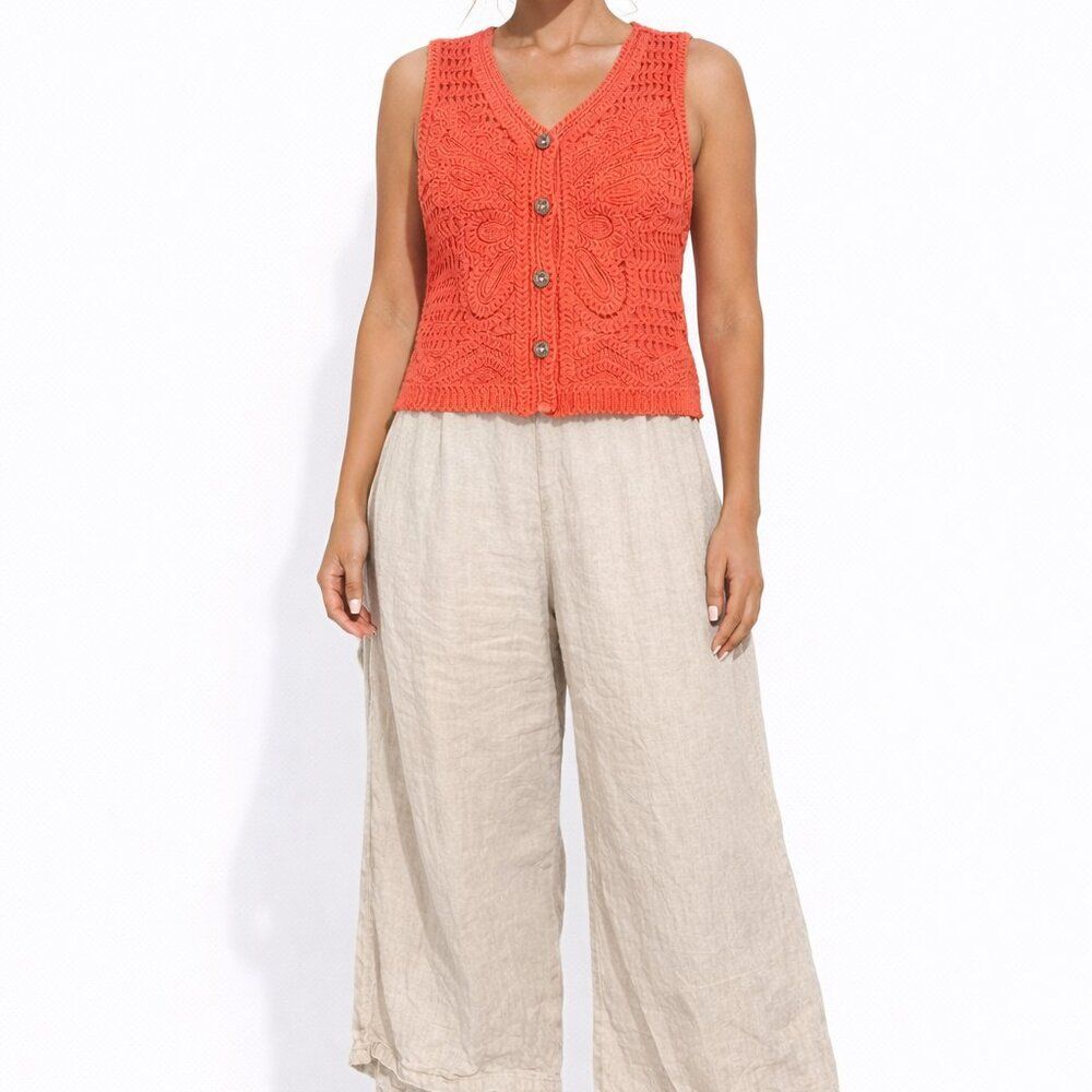 Wayan 100% Cotton Crochet Vest NWT Small/Medium Coral Boho Button Front Top